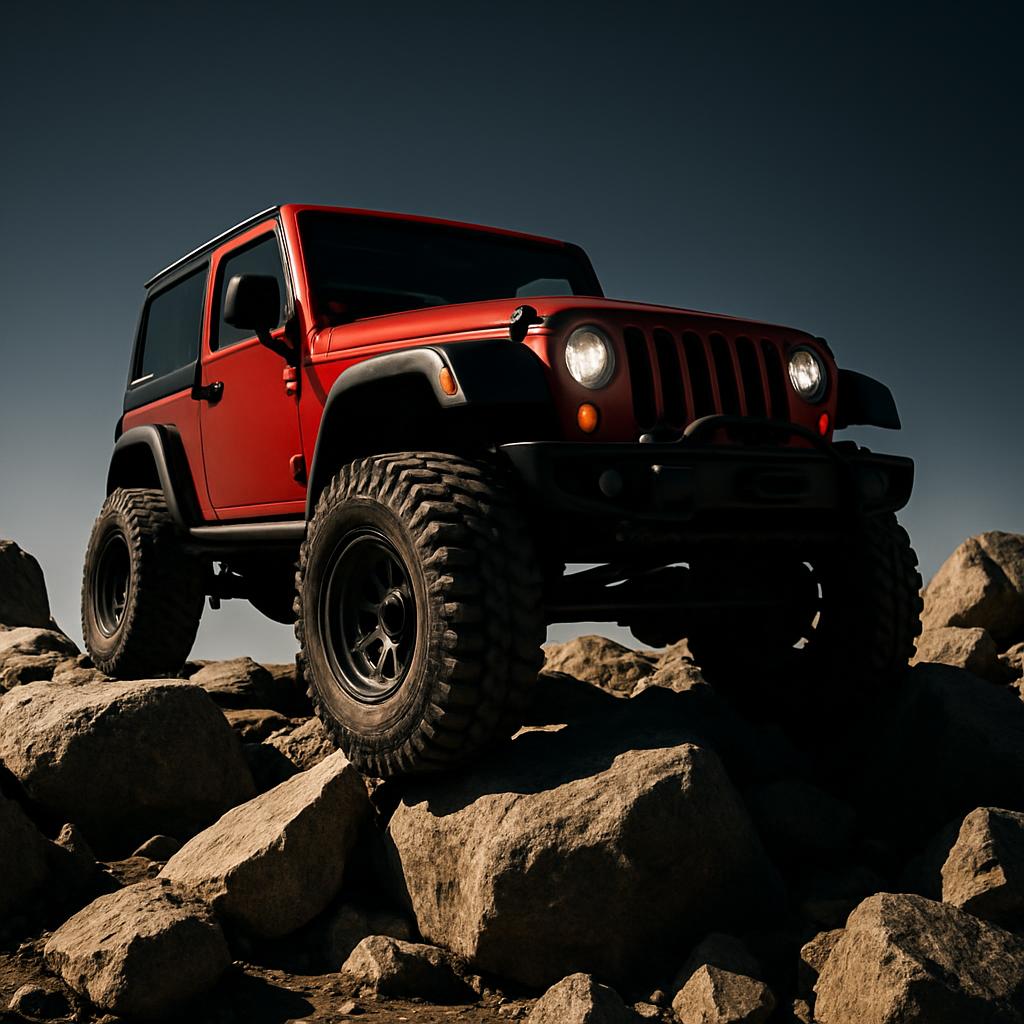 A red Jeep Wrangler navigating rugged terrain, with large rocks and a dark cloudy sky in the background.