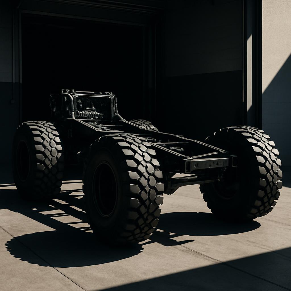 Large black truck with large tires parked in a hangar. View from the back of the car, facing away from the wall. Sunlight ...